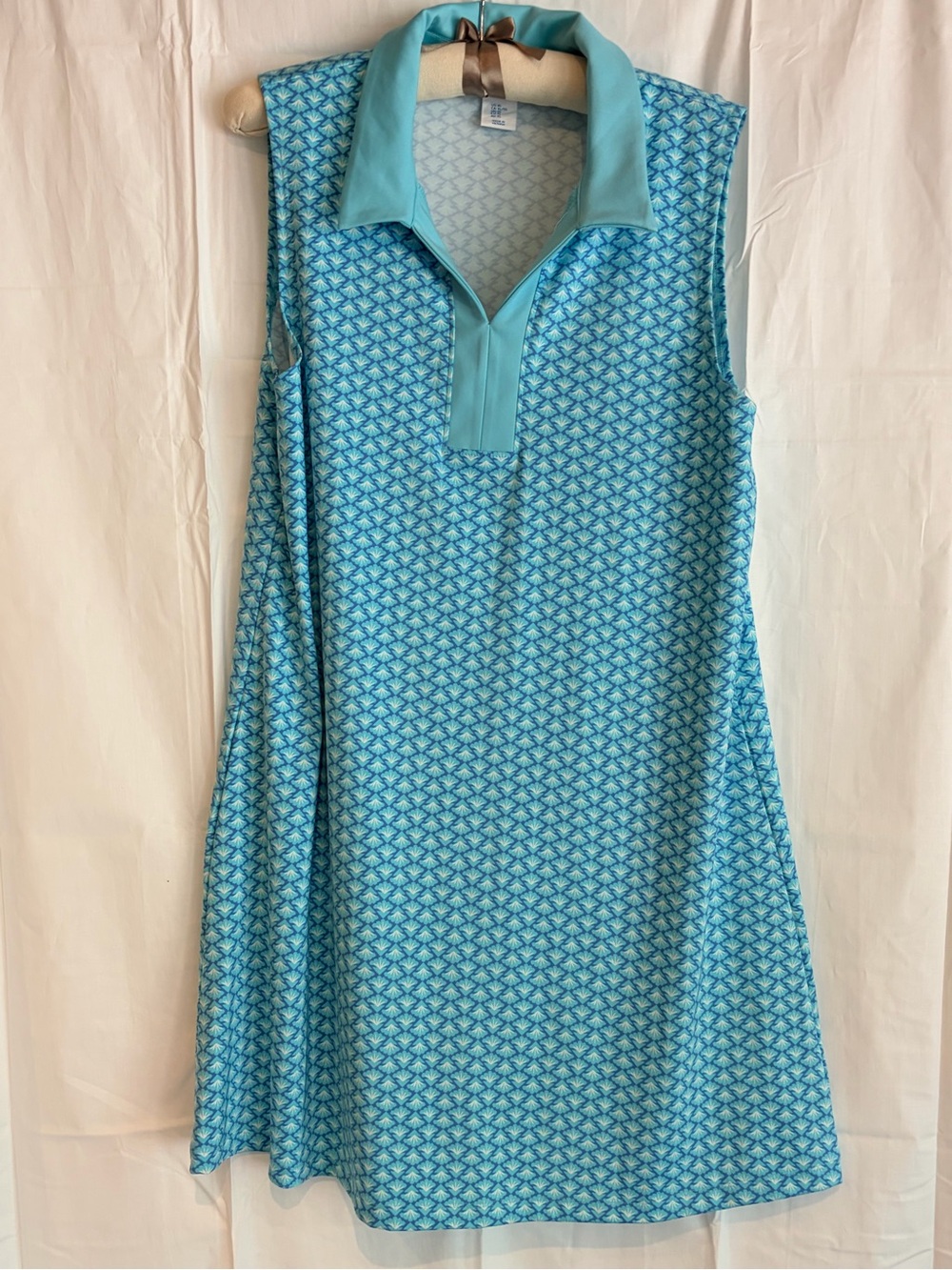 Sigrid Olsen Sleeveless with Collar Midi Polo Dress in Aqua and Teal Pattern